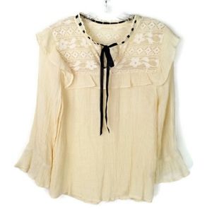 E M Cream Ruffled Semi-Sheer 3/4 Sleeve Tie Front Lace Inset Blouse Women L NWOT